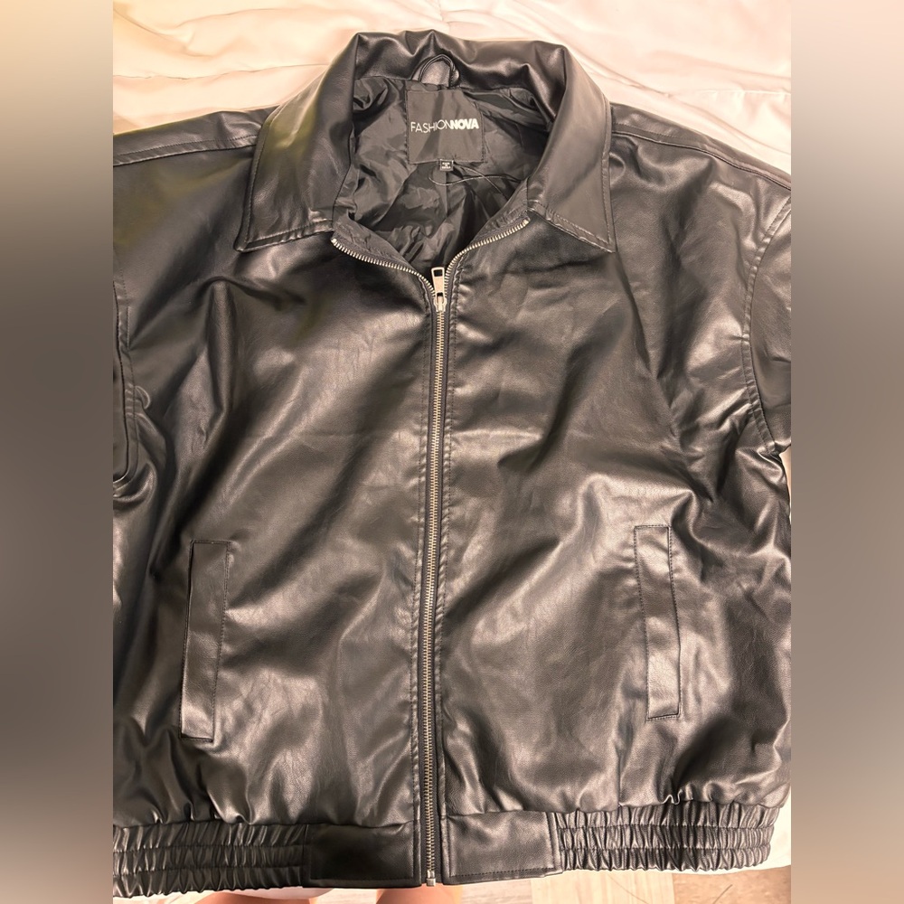 Fashion Nova Black Faux Leather Bomber Jacket